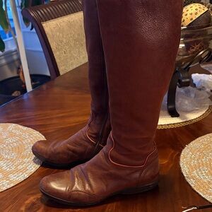 Prada Women's Over-the-Knee Leather Boots in Deep Brown with Red Piping